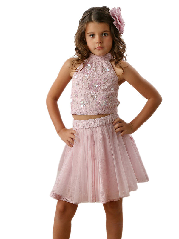 Big Girls Pink Halter Crop Top Short Skirt Kenna 2 Pcs Outfit 8 - SophiasStyle.com
